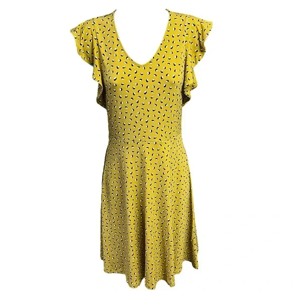 Ann Taylor Dress PXXS Yellow Floral A-Line V-Neck Ruffle Sleeve Stretch Chic NEW - Picture 2 of 10
